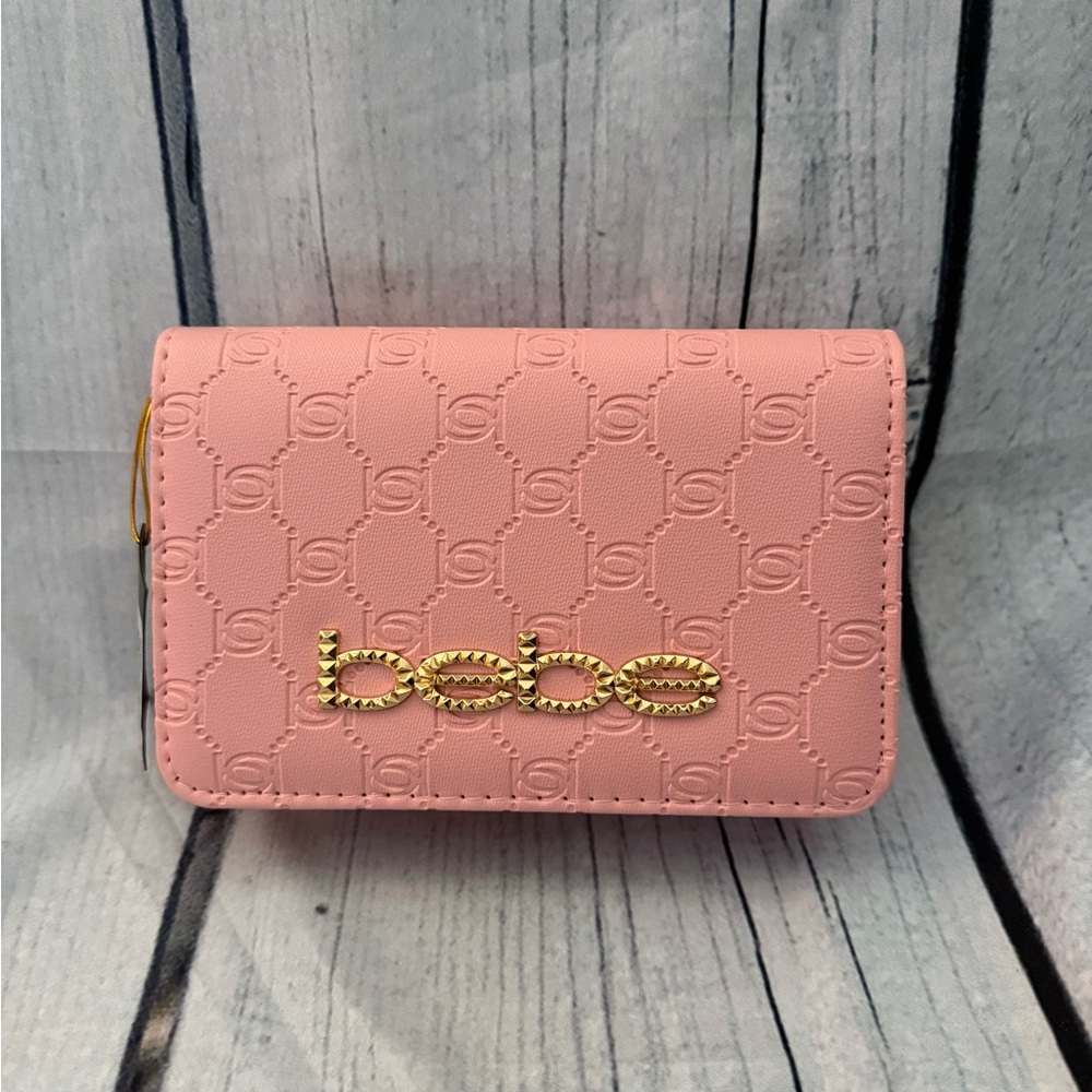 Bebe Pink Embossed Wallet/crossbody bag with Gold Logo